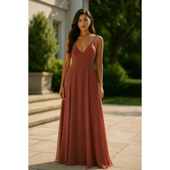 Jenny Yoo NWT Gown | Dusty Rose Chiffon | A-Line V-Neck Open Back | 29.5B - Picture 1 of 10